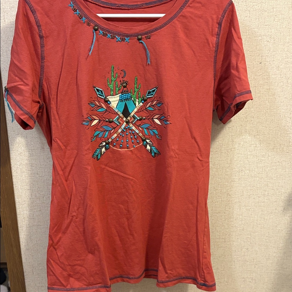 Red Graphic Tee with Embroidered Design